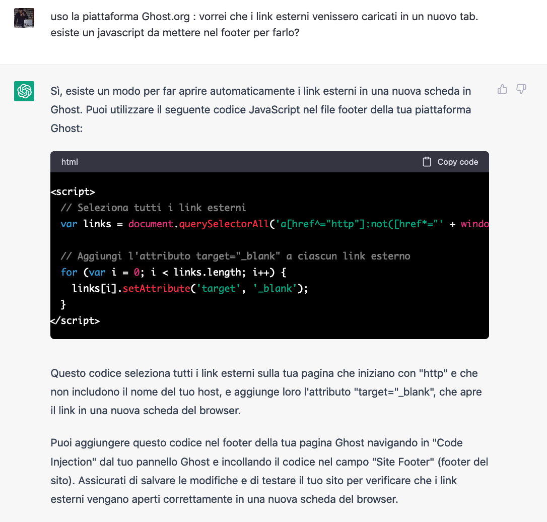 print screen del codice Javascript per aprire i link in un nuovo tab su Ghost